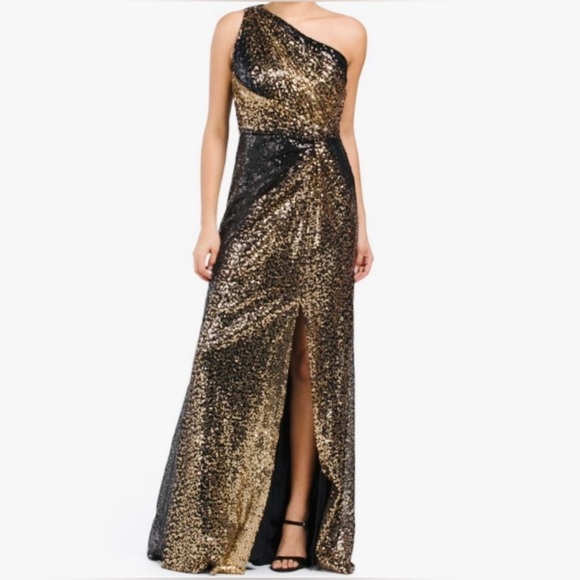 RENE RUIZ COLLECTION black gold One Shoulder Sequin Gown - Picture 1 of 6